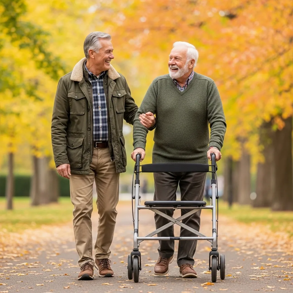 Two senior men walking and talking in a park.
