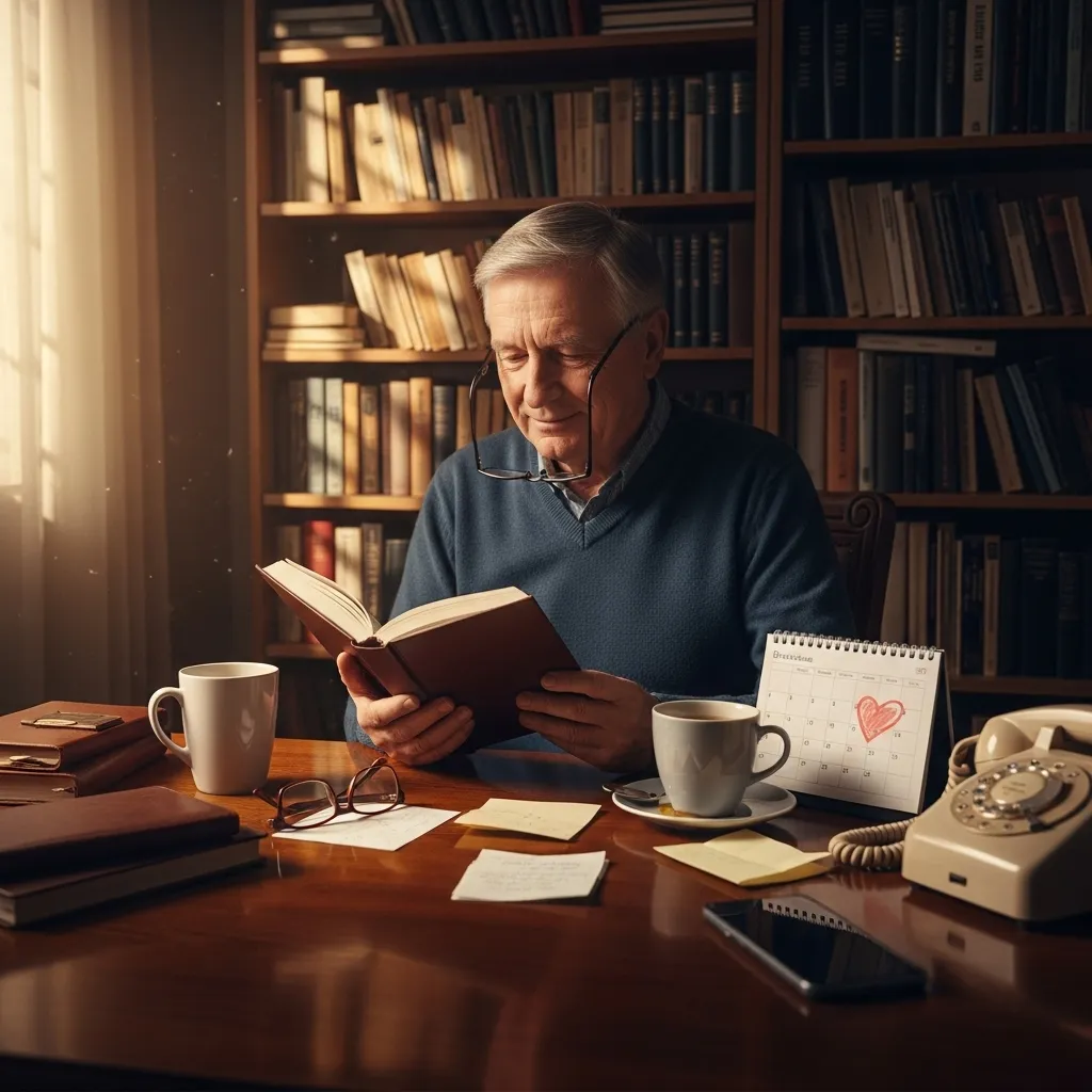 Senior man enjoying quiet time alone, reading.