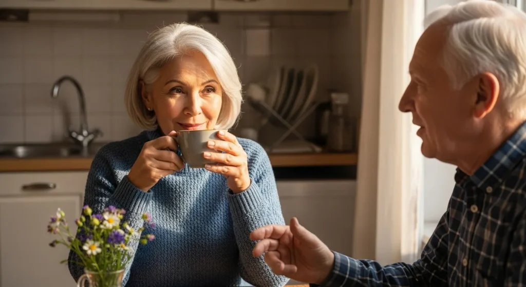 Smiling woman drinks tea in sunlit kitchen.