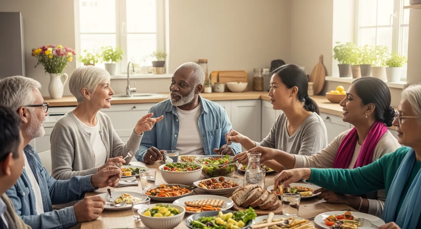 Friends enjoying a meal together in a bright kitchen.