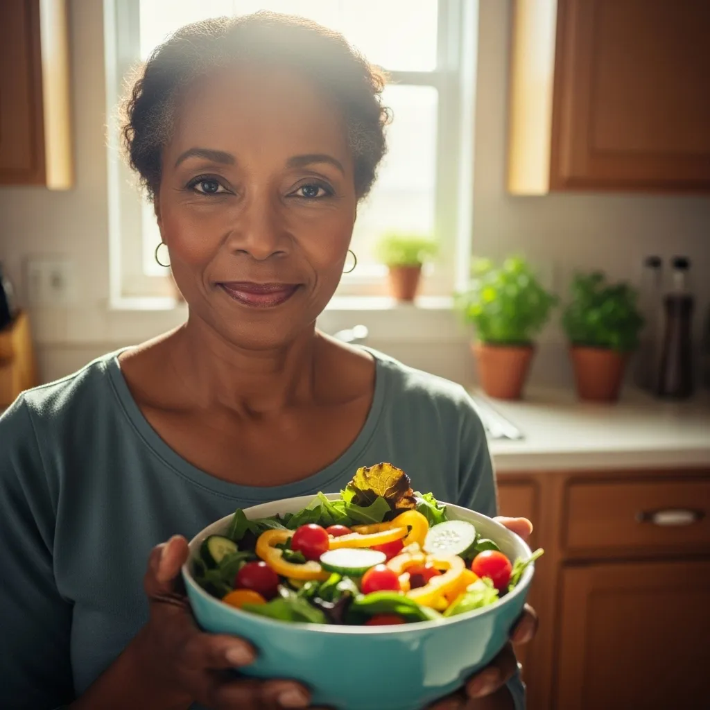 Smiling senior woman holding a salad bowl in a kitchen.