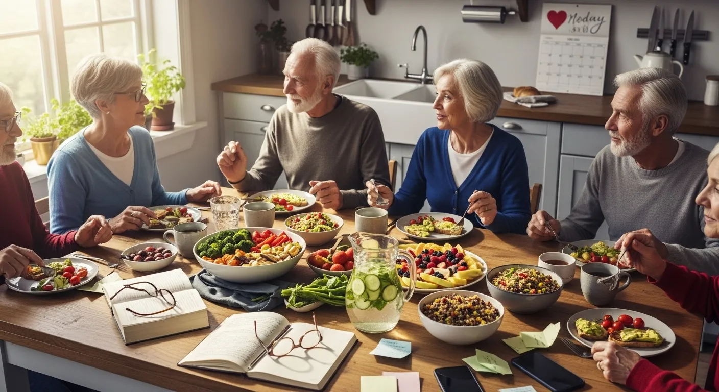 Group of seniors enjoying a healthy meal together in a bright kitchen.