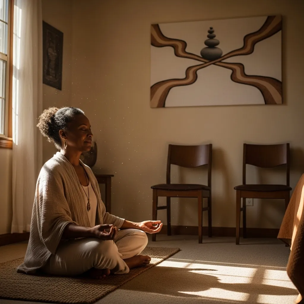Senior woman meditating in bedroom.