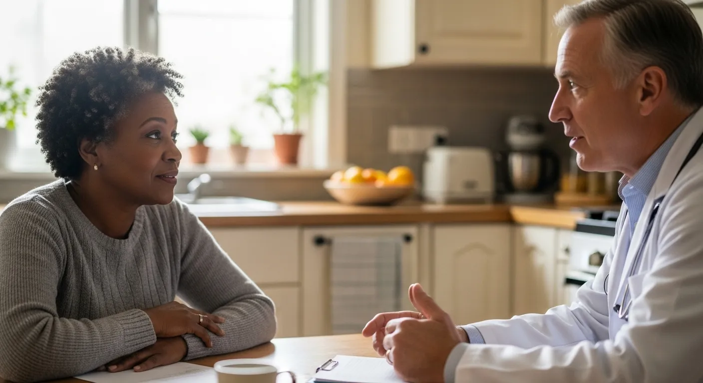 Woman listening to doctor in clinic.