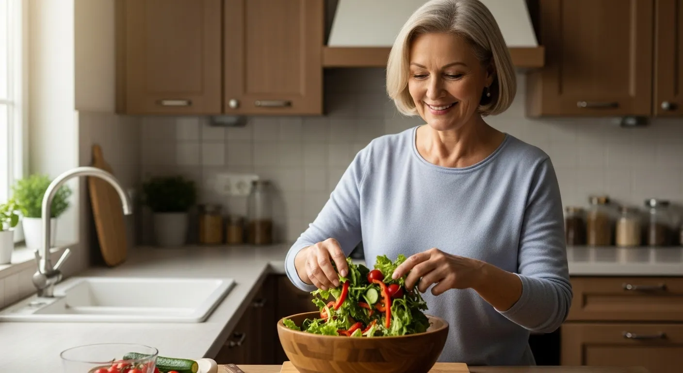 Woman preparing a healthy meal in her kitchen.