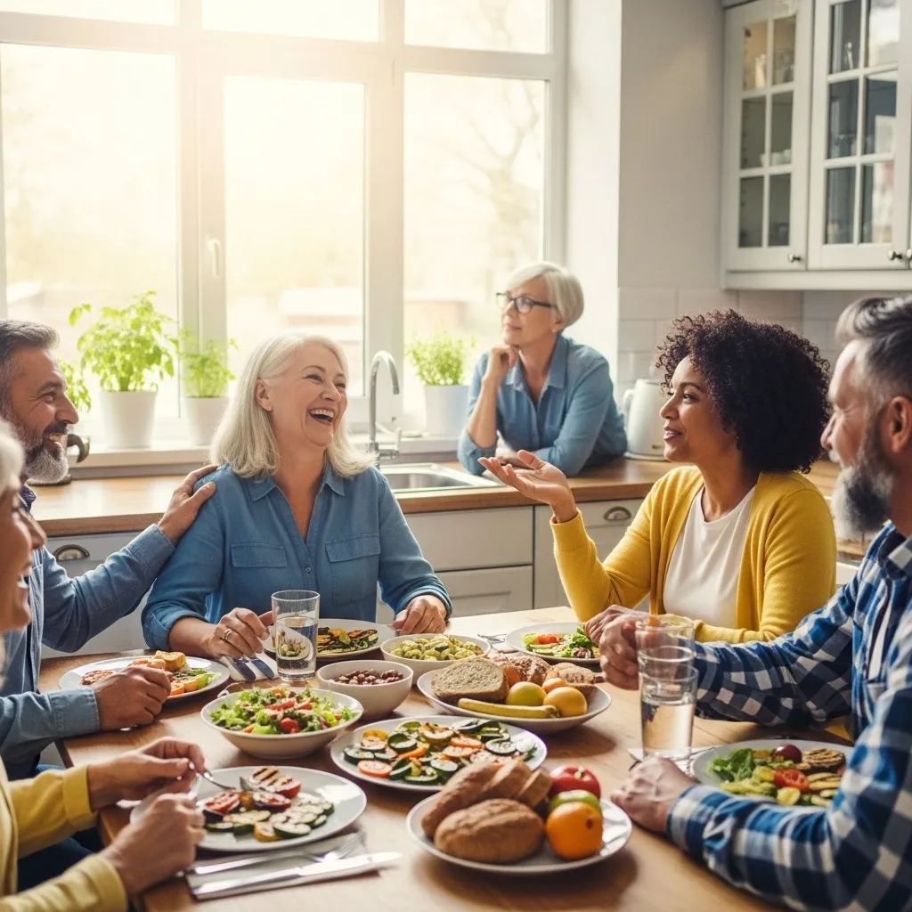 Smiling seniors share a healthy meal in a bright kitchen.