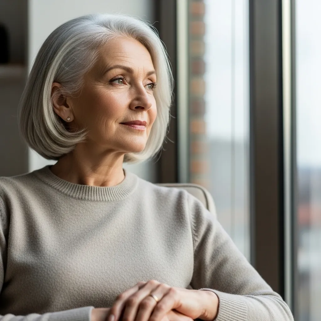 Senior woman looking contemplatively out a window.