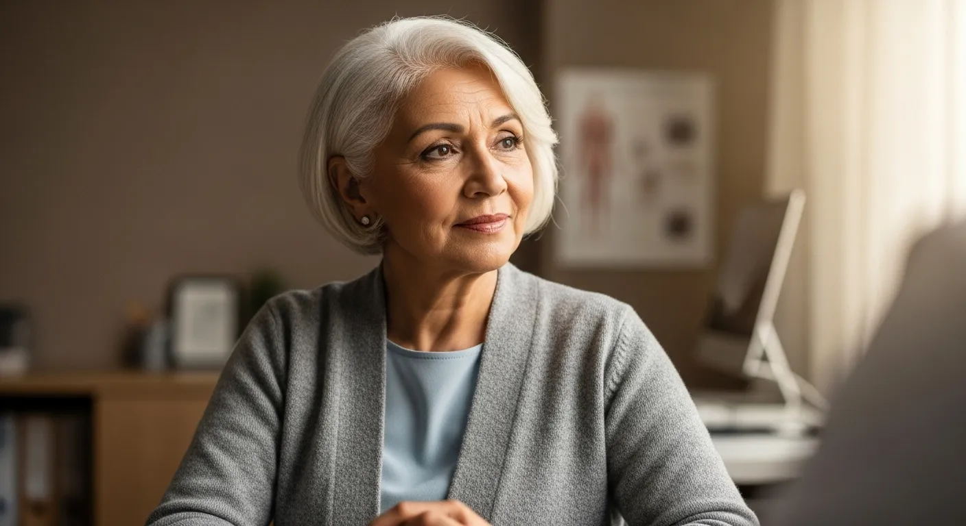 Woman talking to doctor in exam room.