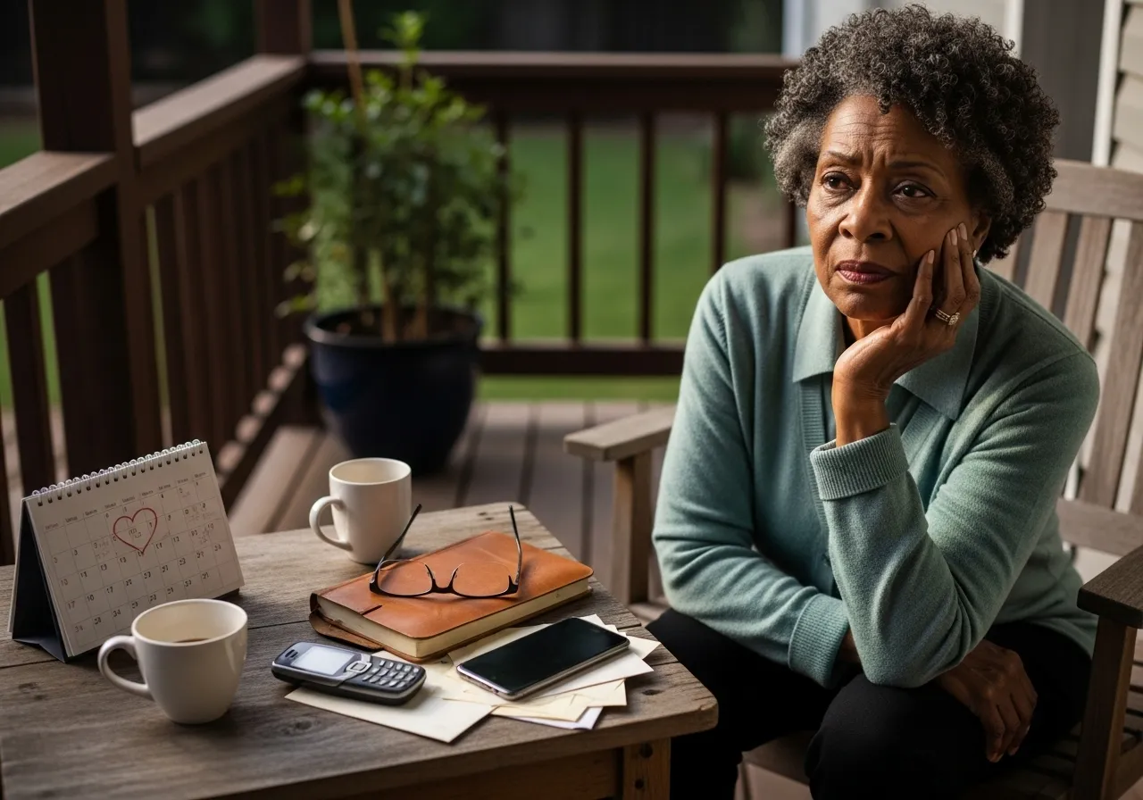 Worried senior woman sitting on porch.