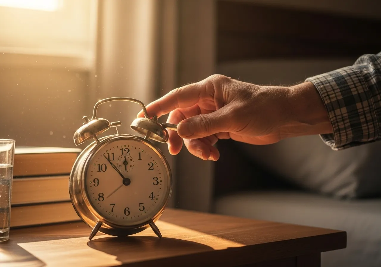 Man turning off alarm clock in morning