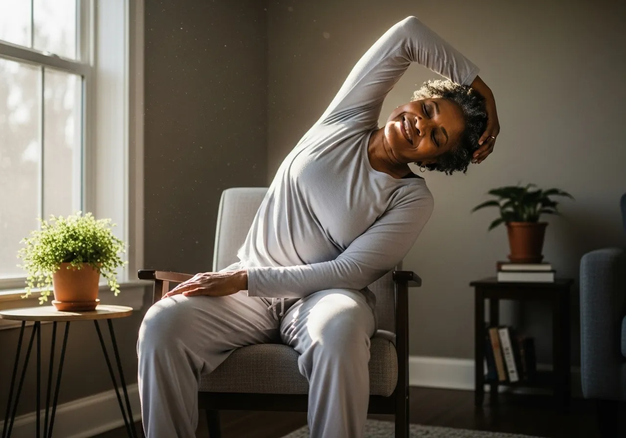 Senior woman practicing chair yoga at home.