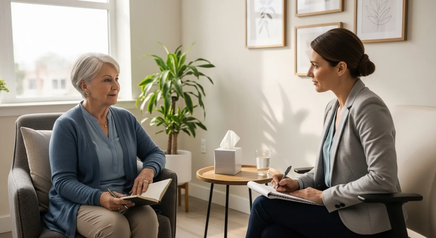 Senior woman talks to her doctor about her mental health, using notes.