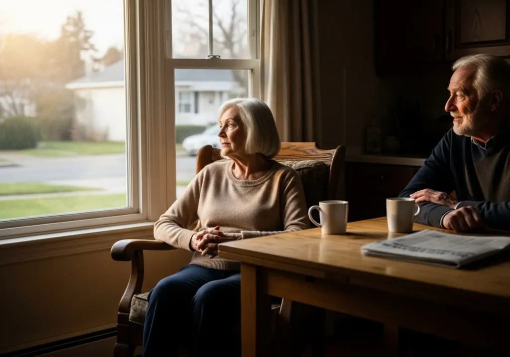 Woman looking out window in sunlit room.
