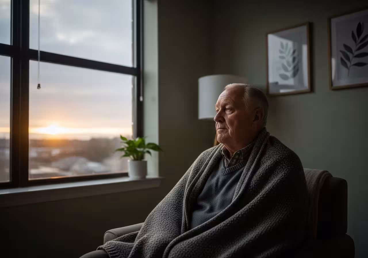 Man looking at dim sunrise through window in winter.
