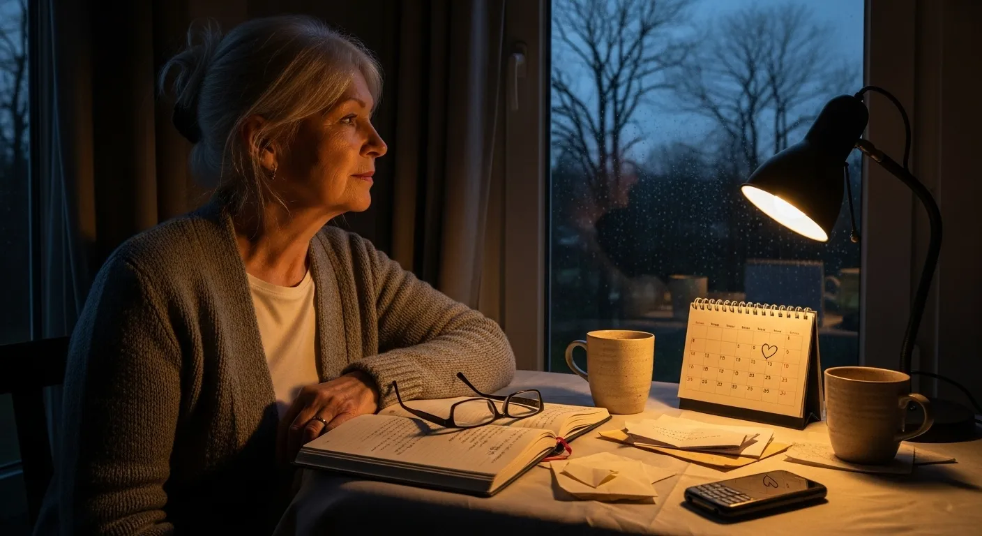 Woman looking out window at winter trees.