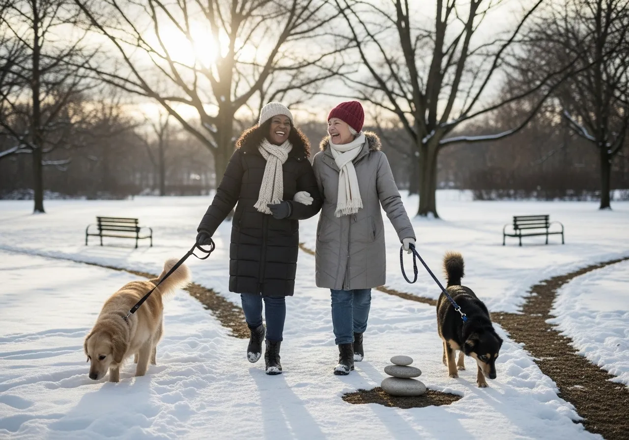 Friends walking dogs in a snowy park.