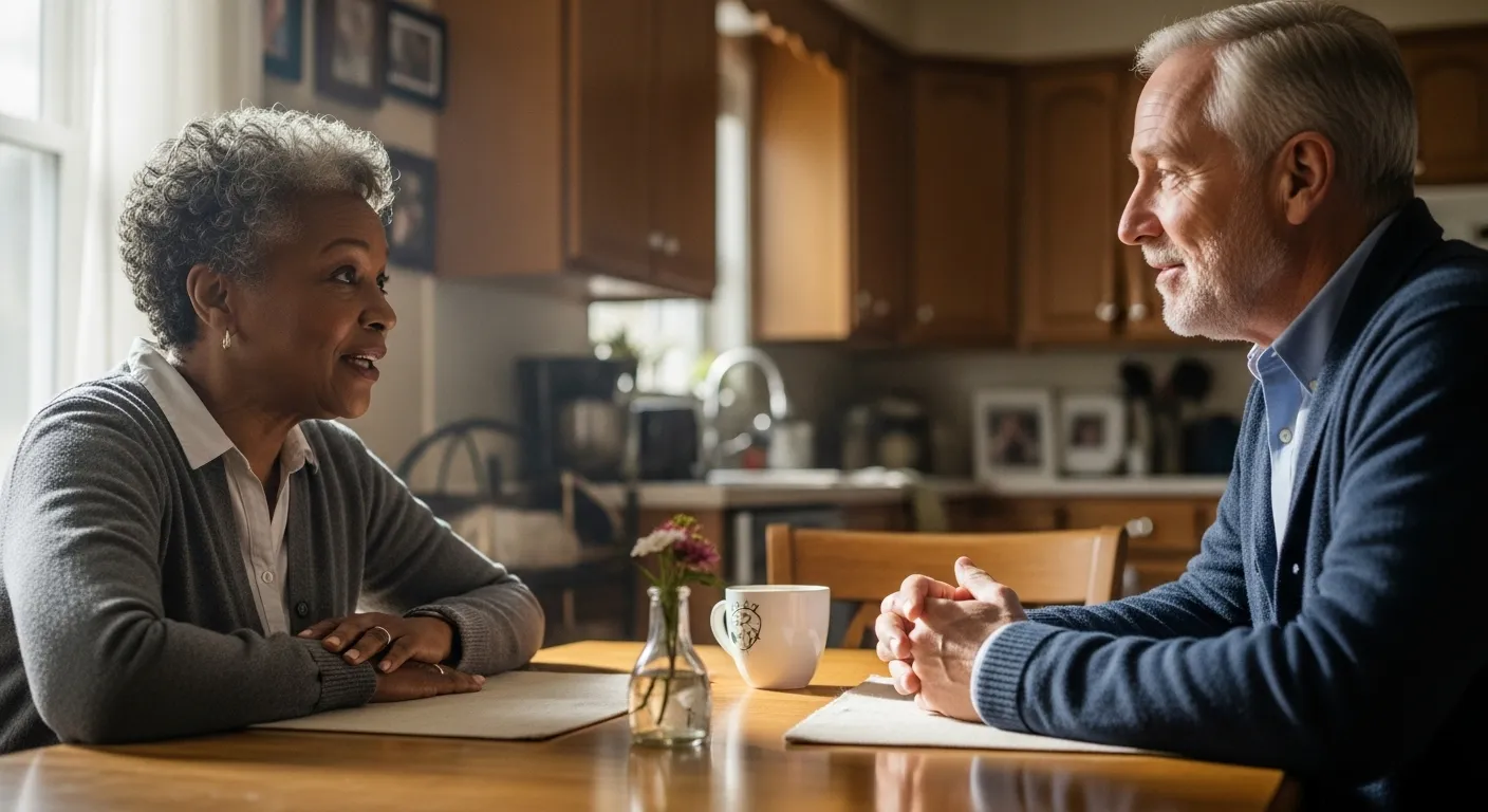 A senior Black woman talks to a therapist in an office.