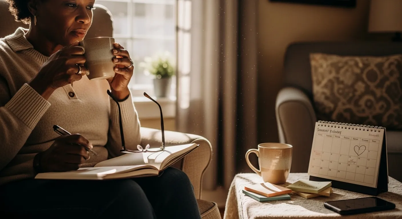 Woman journaling by a sunny window.