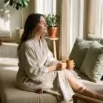 A woman in a peaceful, sunlit room embodying emotional clarity and calm.