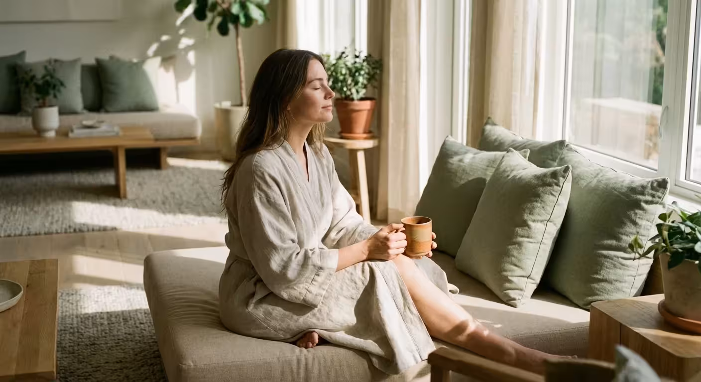 A woman in a peaceful, sunlit room embodying emotional clarity and calm.