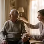 An adult daughter comforting her elderly father by a sunlit window.
