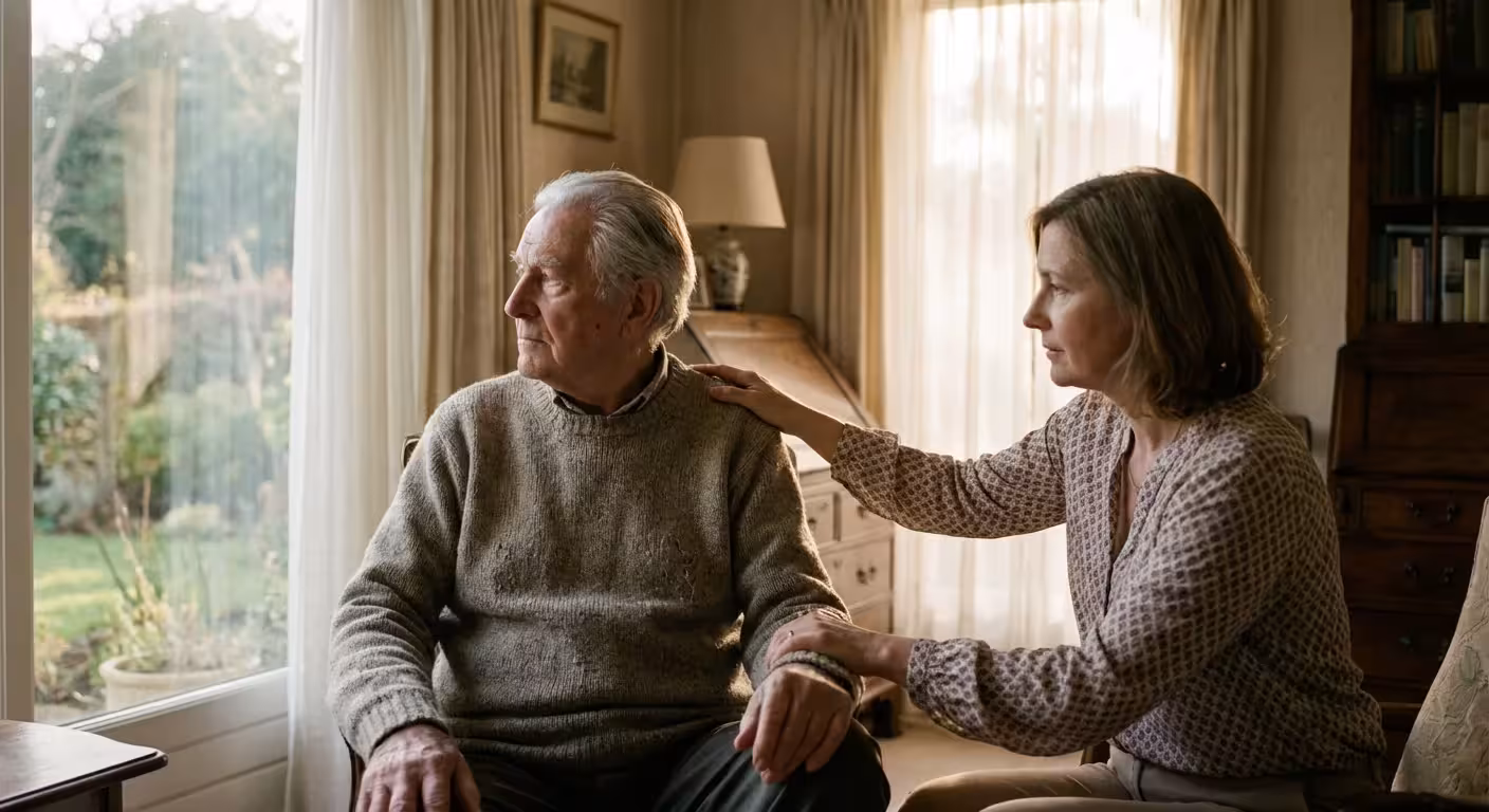 An adult daughter comforting her elderly father by a sunlit window.