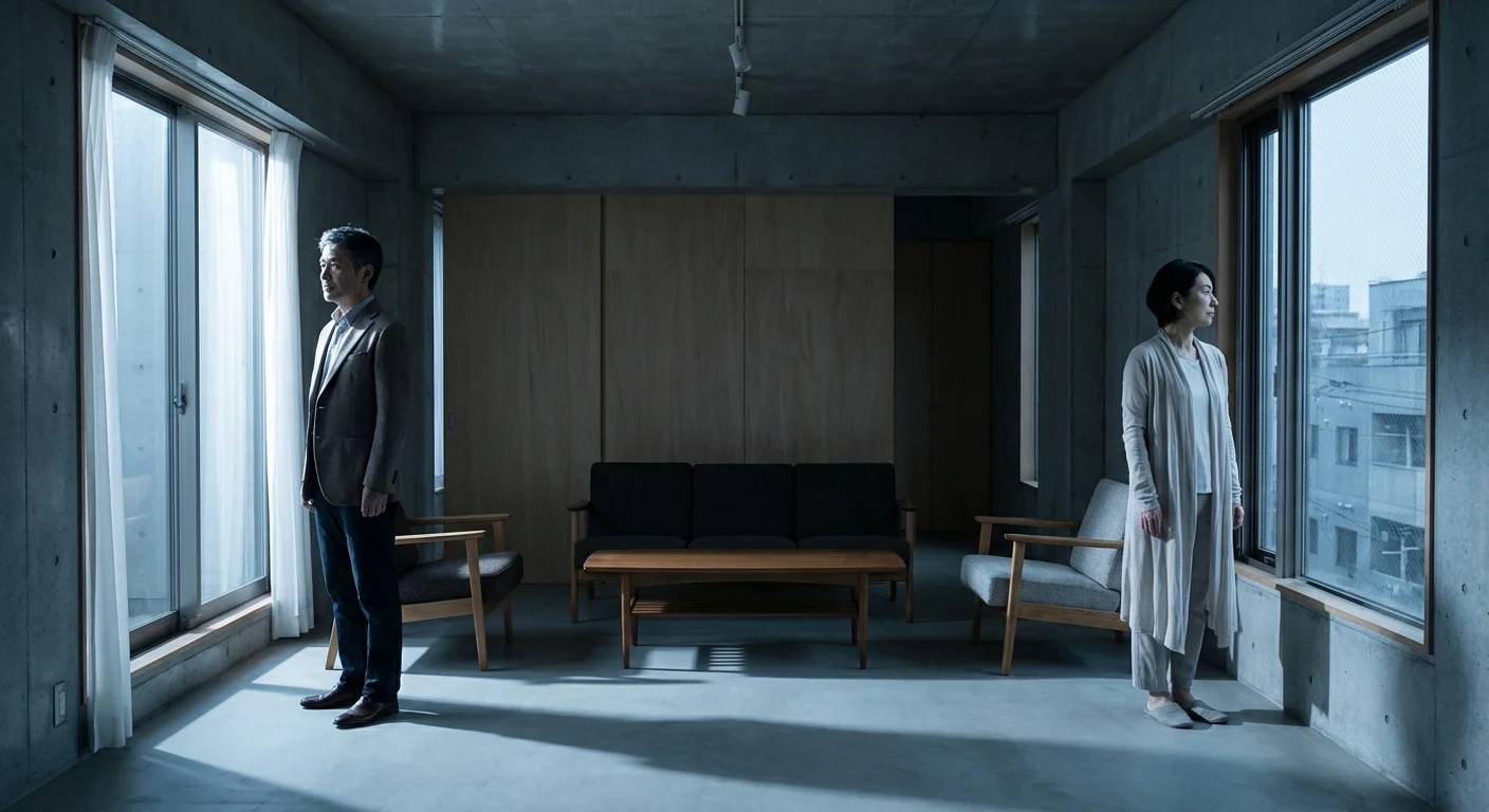 A couple standing far apart in a dimly lit, modern living room, looking away from each other.