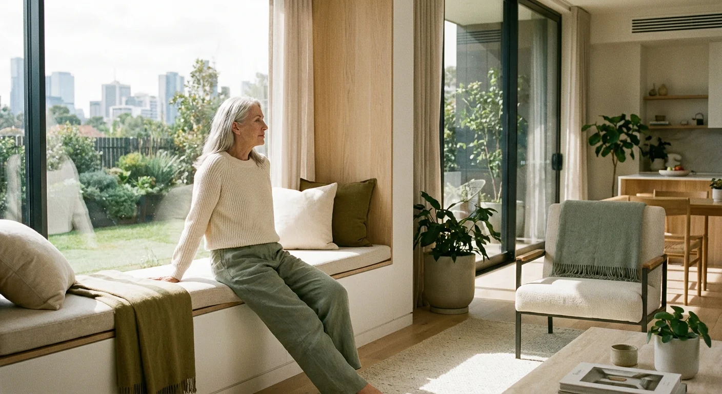 A sophisticated woman in her 60s looking out a window in a bright, modern home.