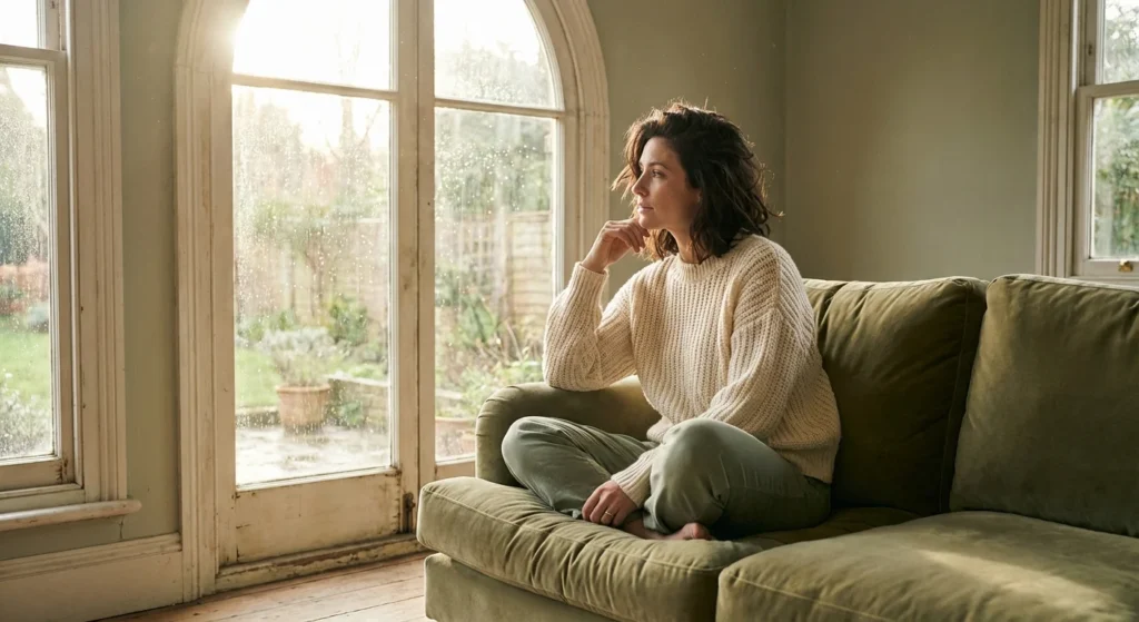 A woman sitting thoughtfully by a window in a soft-lit, modern living room.
