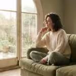A woman sitting thoughtfully by a window in a soft-lit, modern living room.