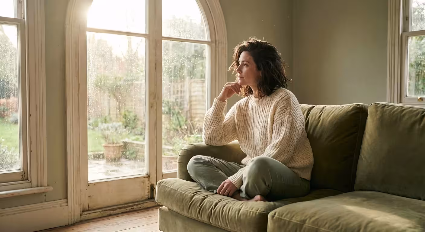 A woman sitting thoughtfully by a window in a soft-lit, modern living room.