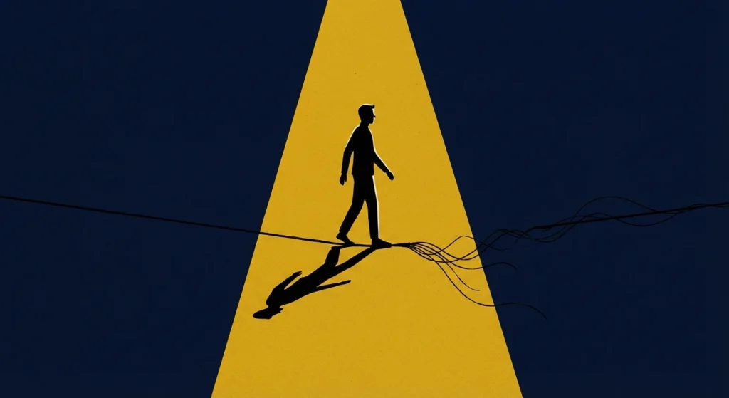 A person balancing on a thin, fraying shadow thread over a dark blue background.