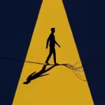 A person balancing on a thin, fraying shadow thread over a dark blue background.