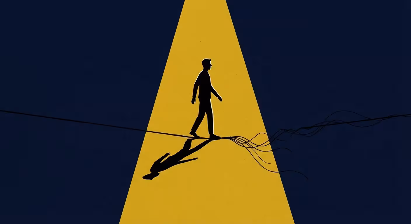A person balancing on a thin, fraying shadow thread over a dark blue background.