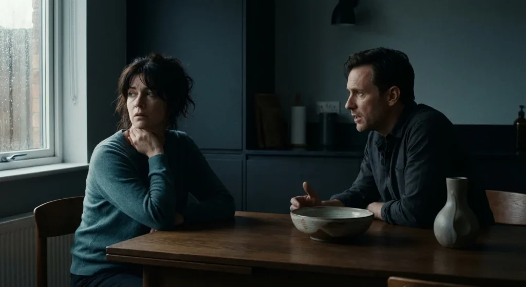 A woman looking distressed and thoughtful during a difficult conversation with a partner in a modern kitchen.