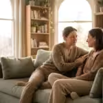 Two people sitting on a sofa in a quiet, sunlit living room, showing a moment of supportive connection and listening.