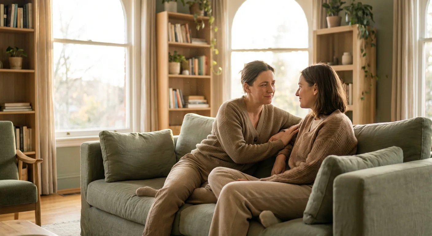 Two people sitting on a sofa in a quiet, sunlit living room, showing a moment of supportive connection and listening.