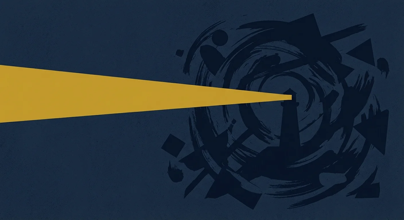 A bright lighthouse beam cutting through a dark, abstract storm.