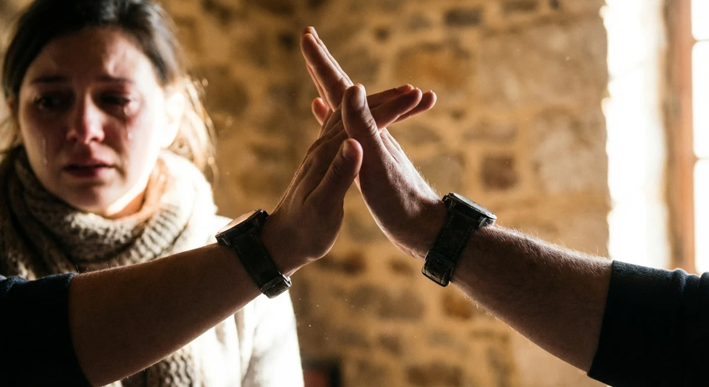 A close-up of a hand making a dismissive gesture toward a blurred person in the background.