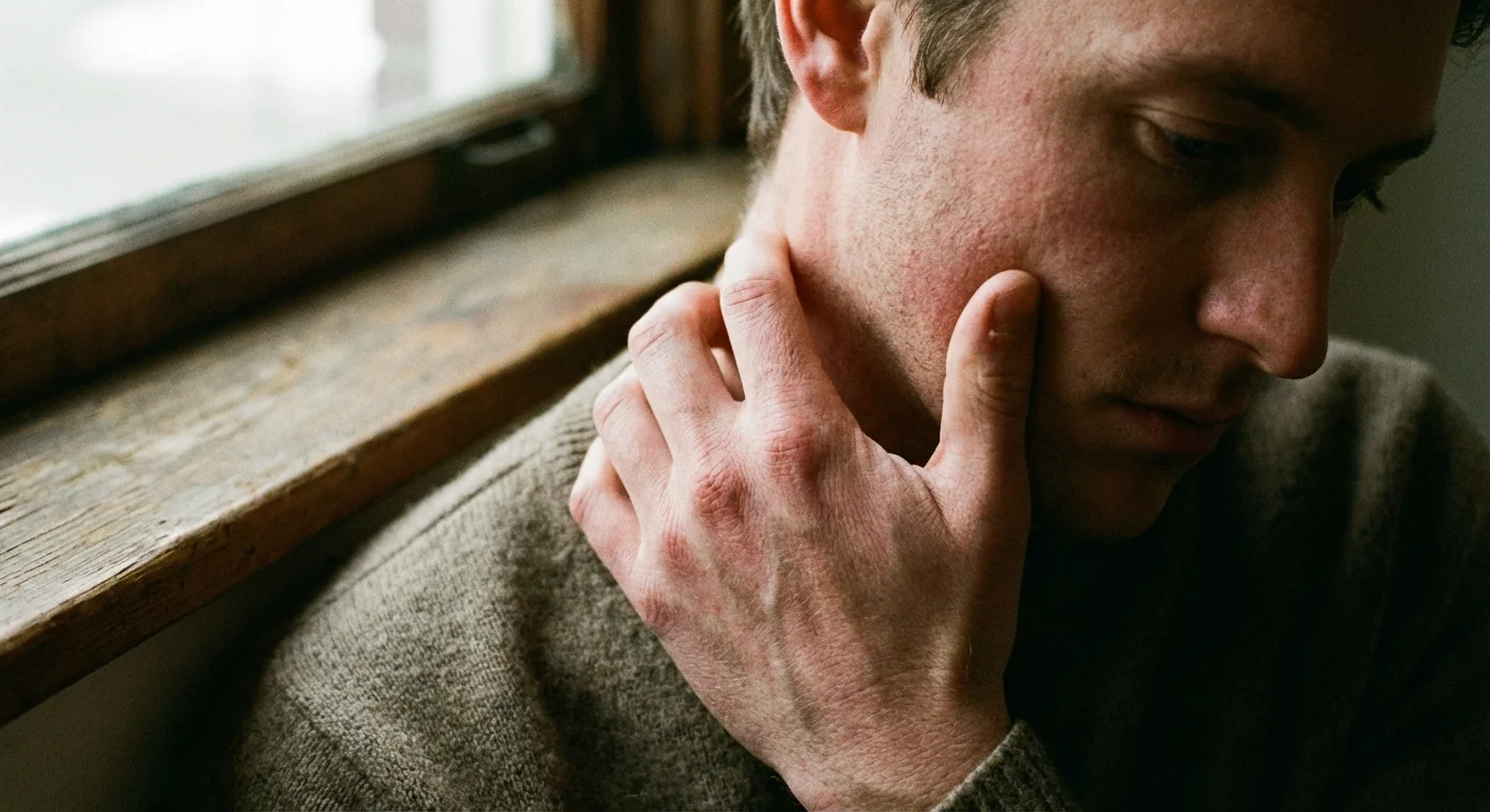 A close-up of a hand touching a neck in a self-soothing gesture.