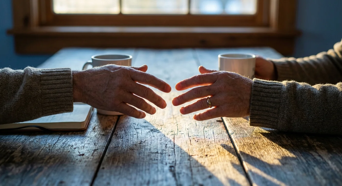 A close-up of two people's hands slowly reaching for each other on a table in soft light.