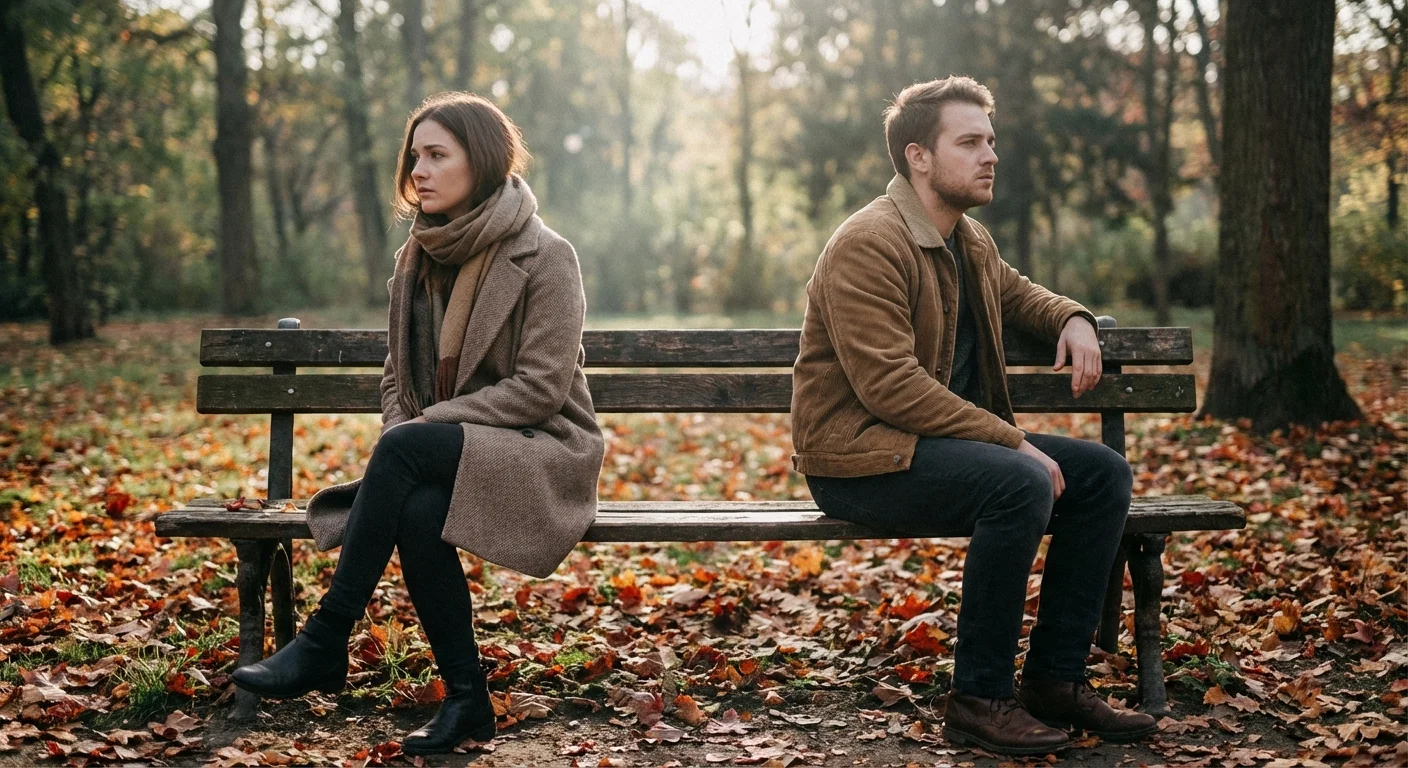 A couple sitting on a bench looking away from each other in a park.