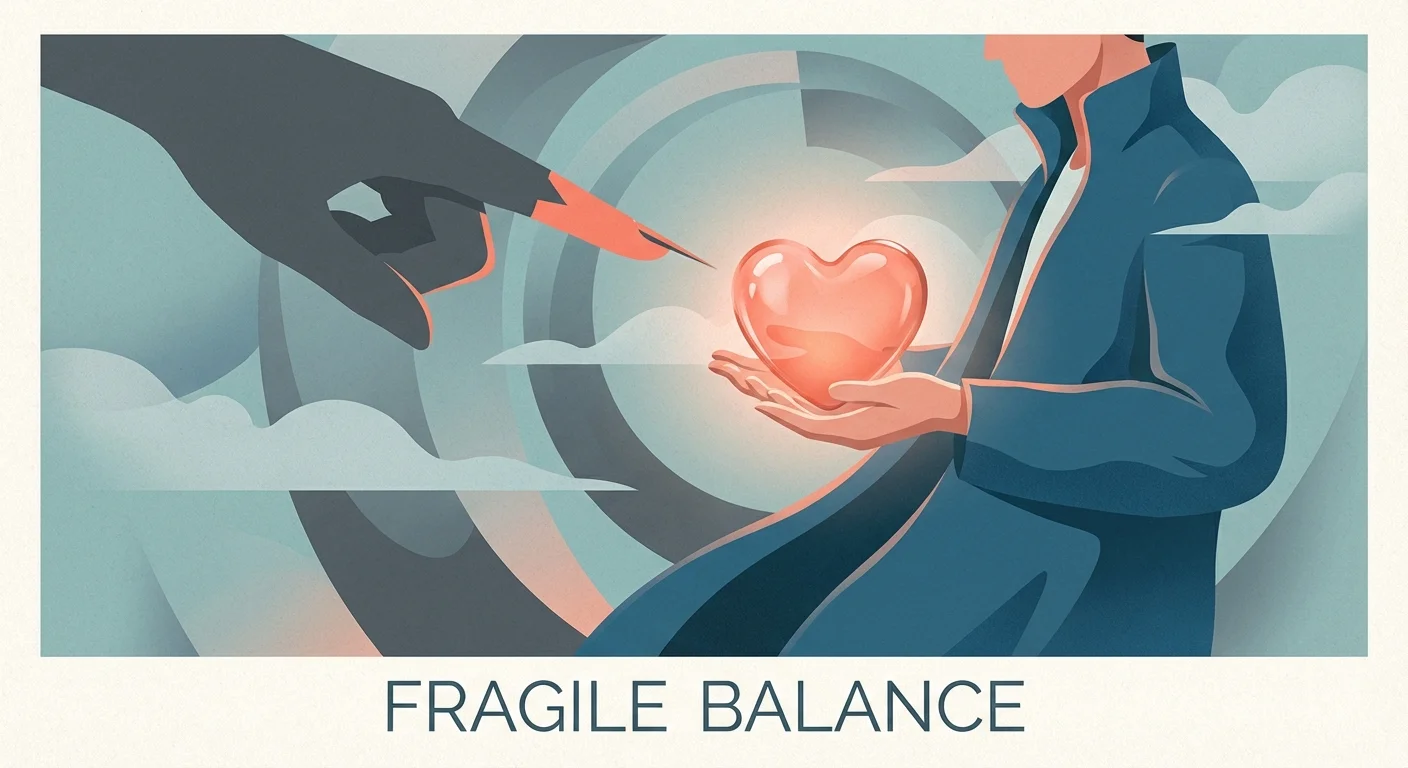 A delicate glass heart being threatened by a sharp needle in a conceptual art style.