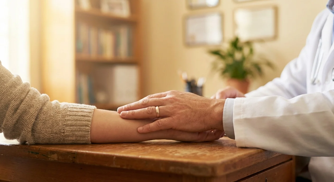 A doctor offering a supportive gesture to a patient in a warm office.