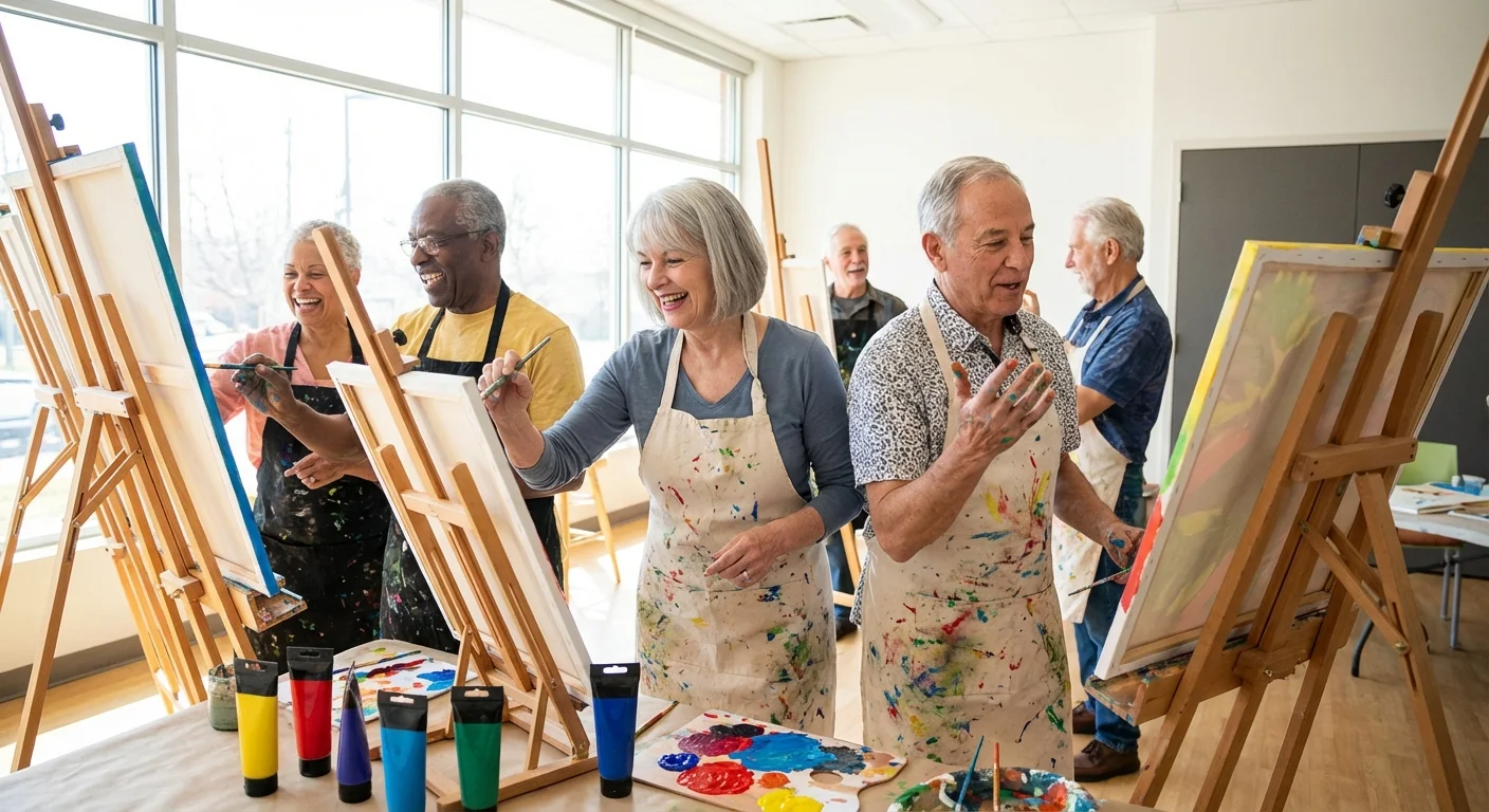 A group of active seniors laughing and painting in a bright art class.