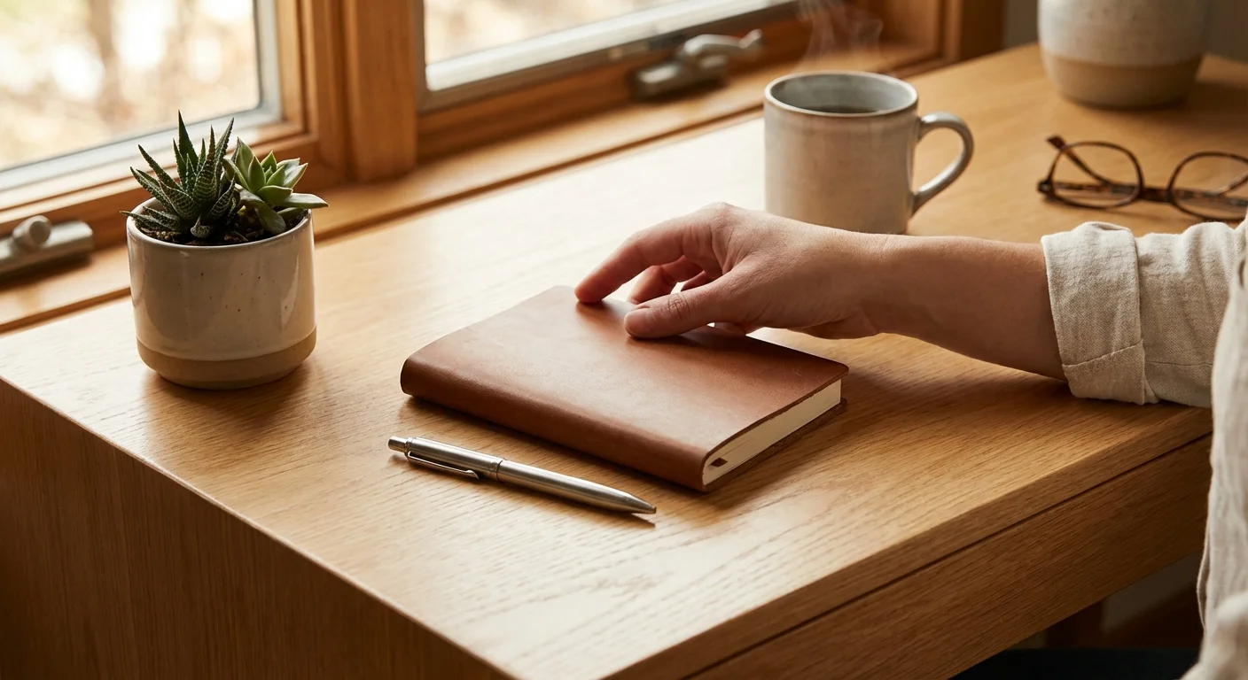 A hand reaching for a notebook on a clean desk in soft morning light, suggesting a step toward help.