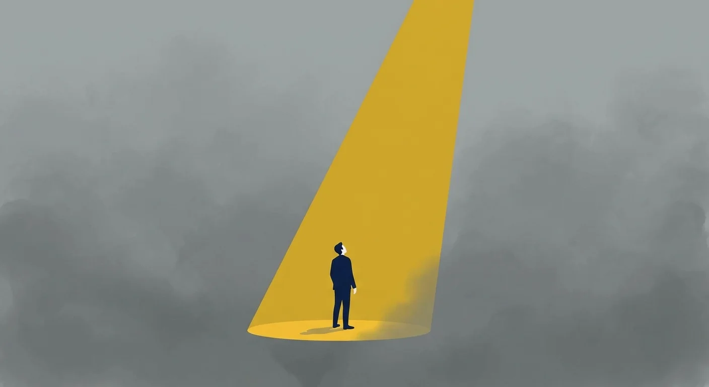 A lone figure in a spotlight surrounded by thick grey fog.