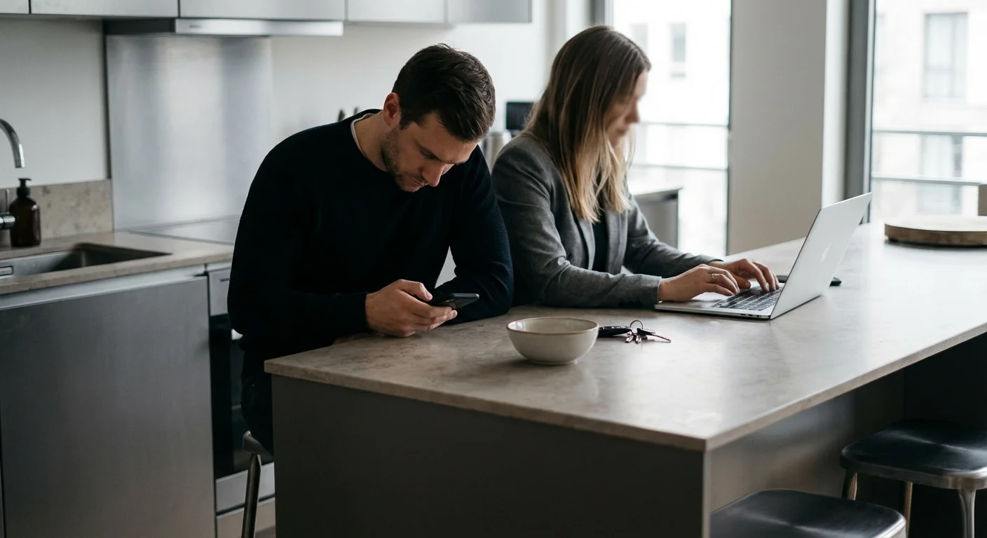 A man and woman sitting at a kitchen island, both distracted by their electronics and ignoring each other.