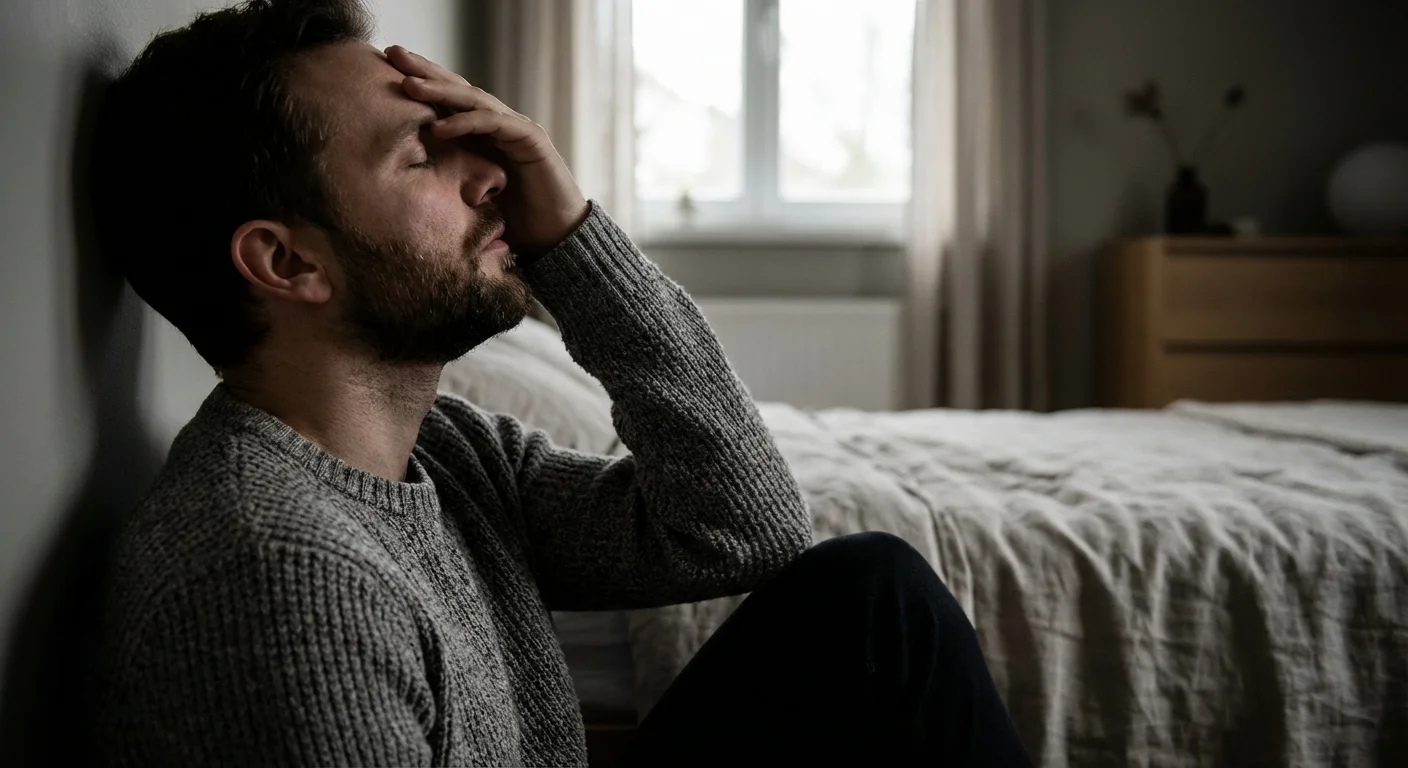 A man in a gray sweater pressing his hand to his forehead in a quiet, moody room.