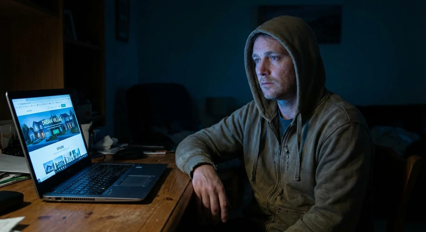 A man looking at a laptop screen in a dark room, appearing to be planning a future alone.